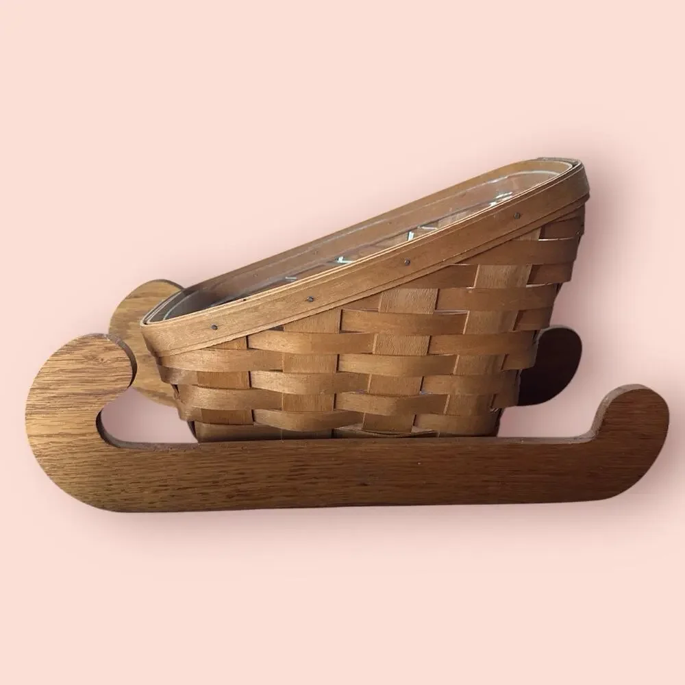 Longaberger 1993 Vegetable Basket Plastic Protector Sleigh Stand Signed 10x8 Vtg